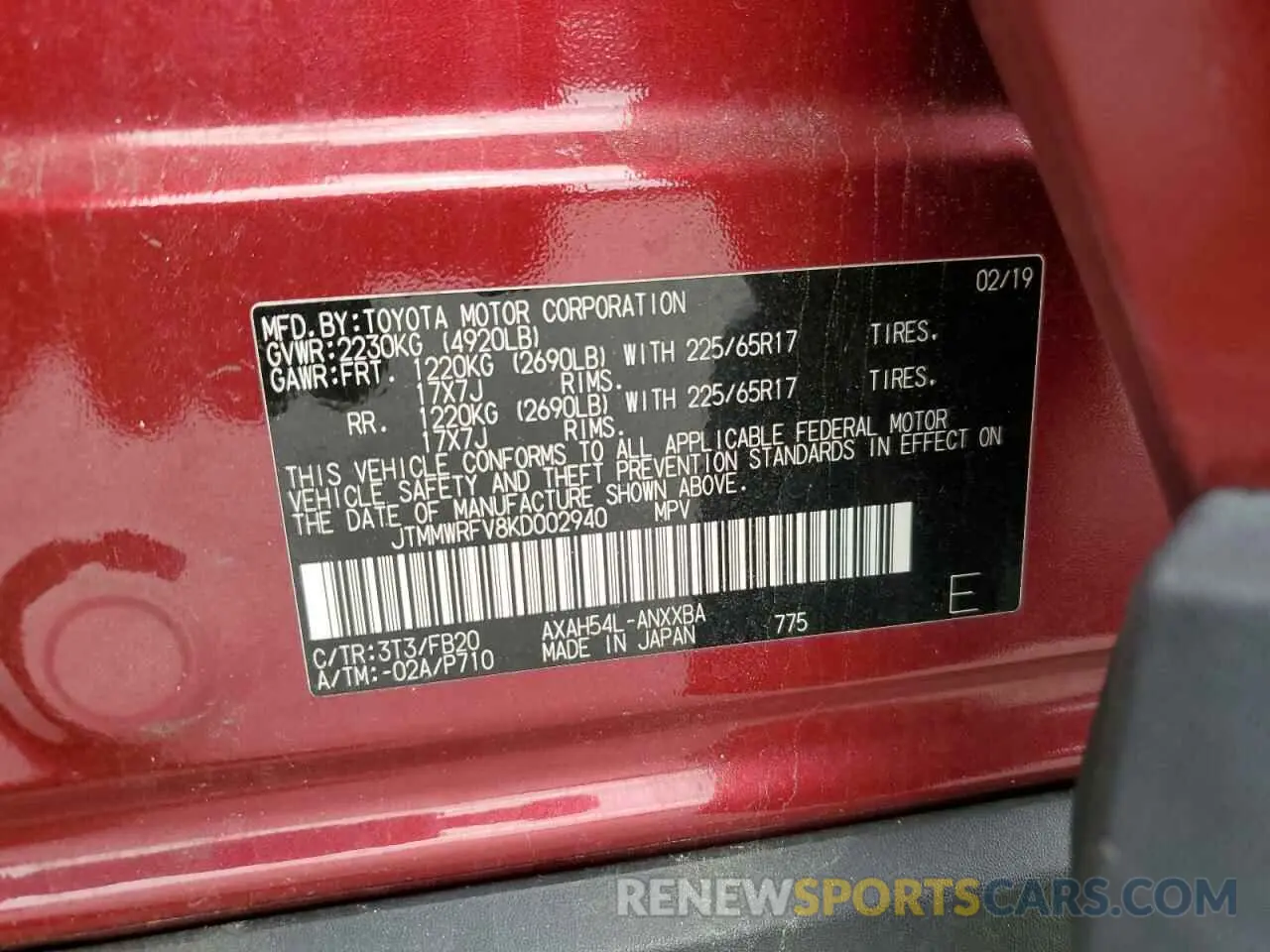 13 Photograph of a damaged car JTMMWRFV8KD002940 TOYOTA RAV4 2019