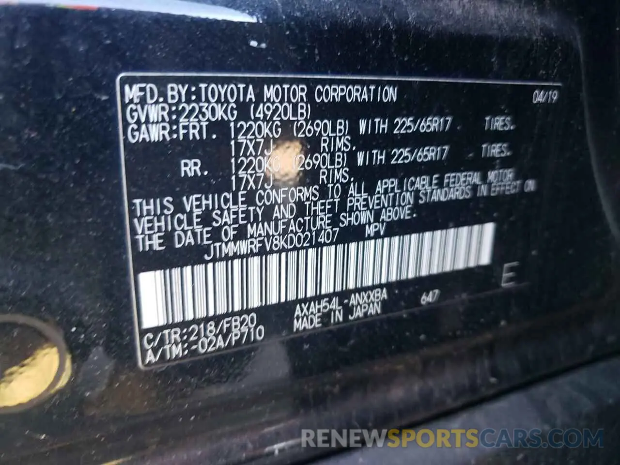 14 Photograph of a damaged car JTMMWRFV8KD021407 TOYOTA RAV4 2019