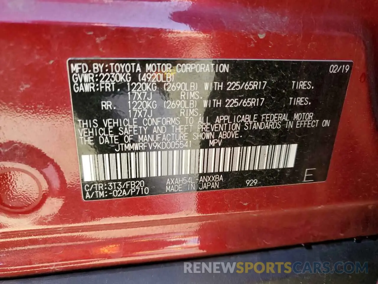 13 Photograph of a damaged car JTMMWRFV9KD005541 TOYOTA RAV4 2019