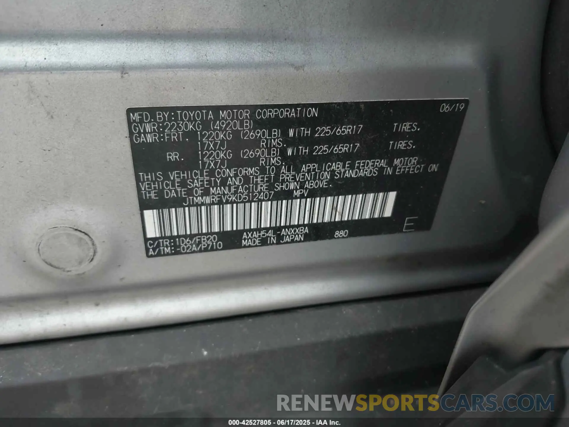 9 Photograph of a damaged car JTMMWRFV9KD512407 TOYOTA RAV4 2019
