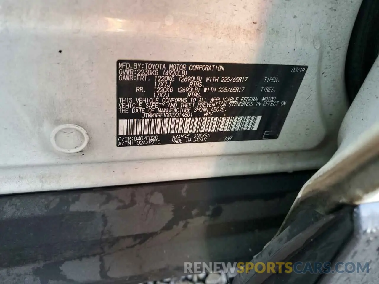 12 Photograph of a damaged car JTMMWRFVXKD014801 TOYOTA RAV4 2019
