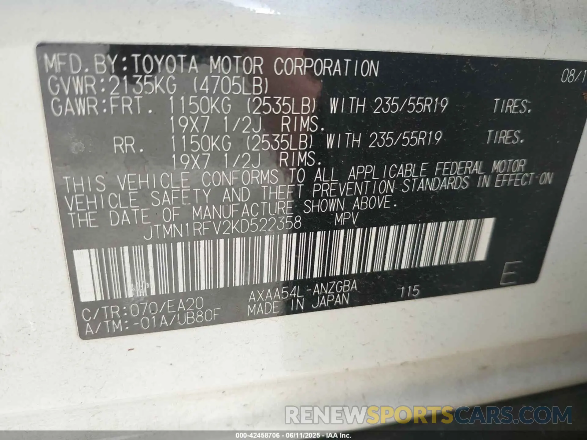 9 Photograph of a damaged car JTMN1RFV2KD522358 TOYOTA RAV4 2019