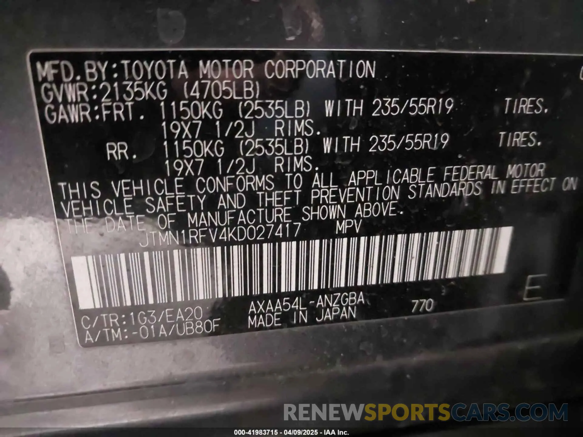 9 Photograph of a damaged car JTMN1RFV4KD027417 TOYOTA RAV4 2019
