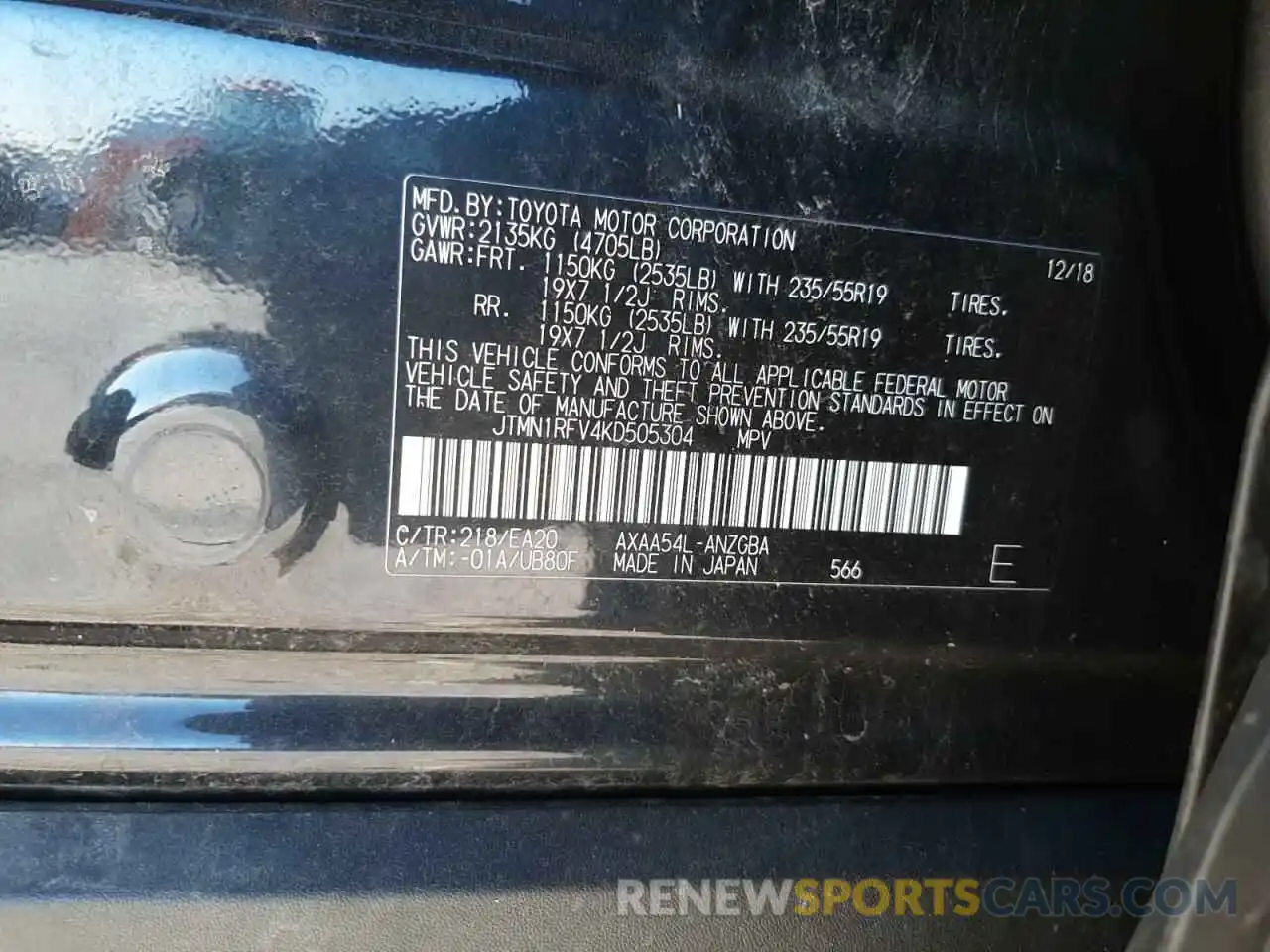 14 Photograph of a damaged car JTMN1RFV4KD505304 TOYOTA RAV4 2019