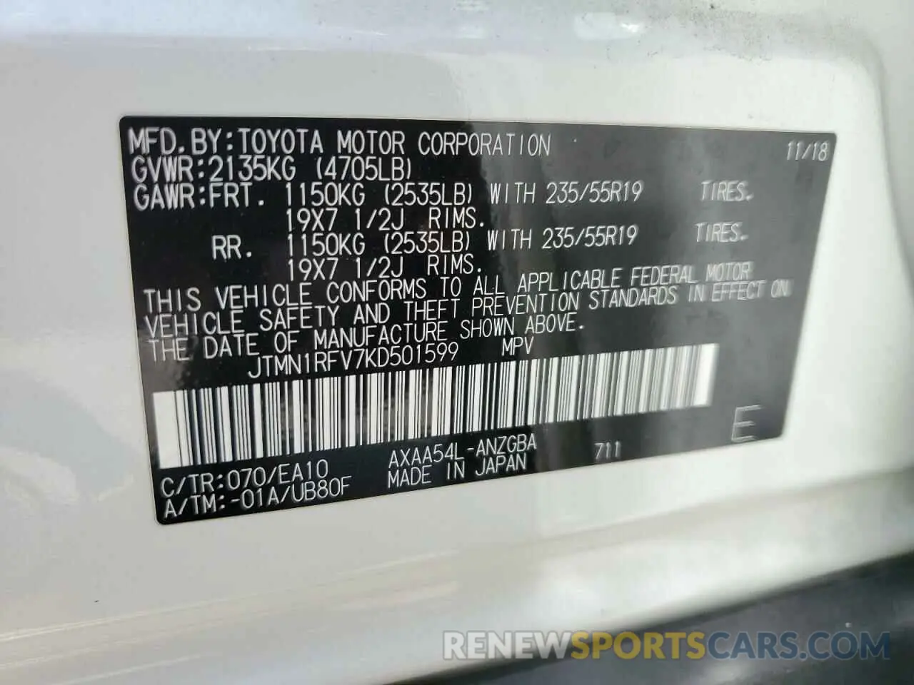 13 Photograph of a damaged car JTMN1RFV7KD501599 TOYOTA RAV4 2019