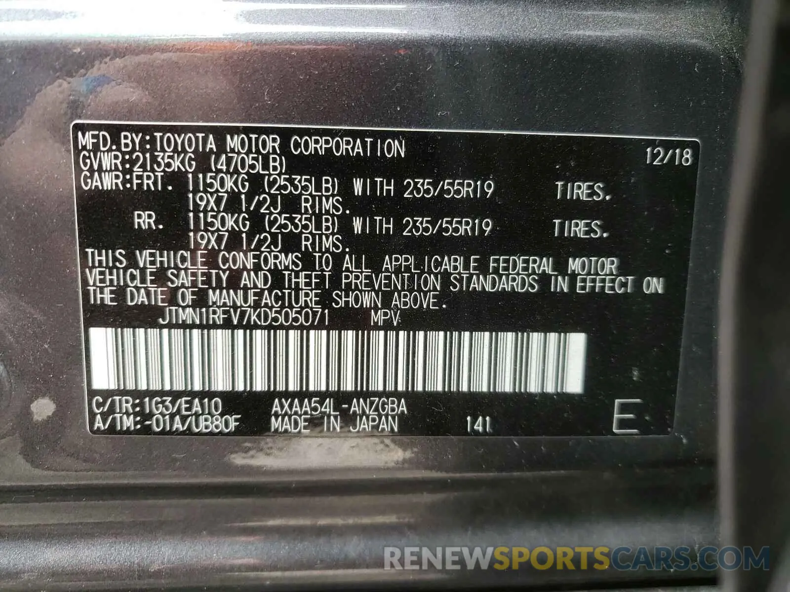 10 Photograph of a damaged car JTMN1RFV7KD505071 TOYOTA RAV4 2019