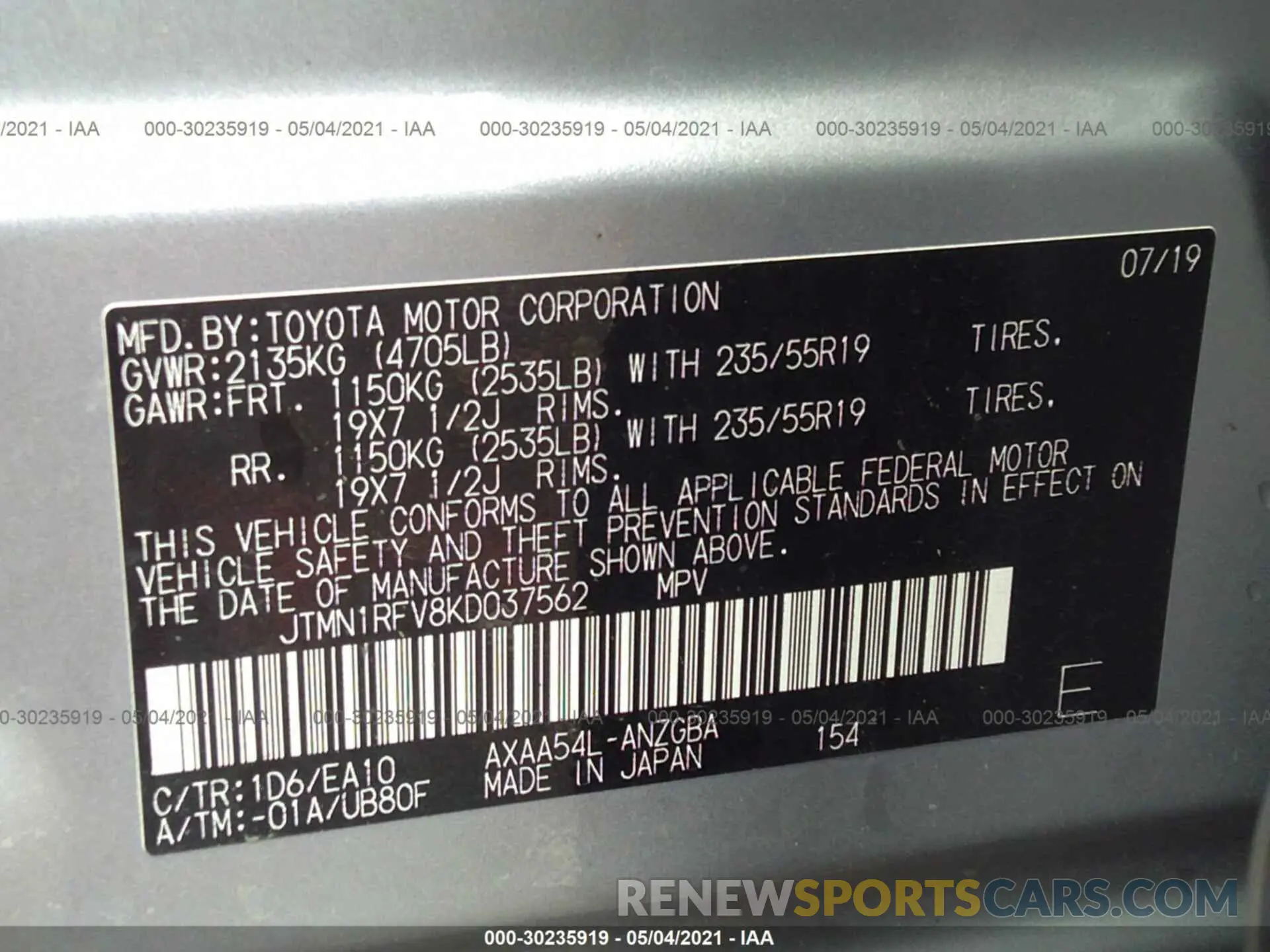 9 Photograph of a damaged car JTMN1RFV8KD037562 TOYOTA RAV4 2019