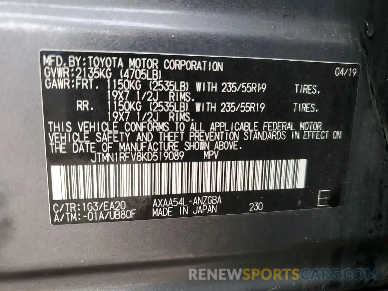 13 Photograph of a damaged car JTMN1RFV8KD519089 TOYOTA RAV4 2019