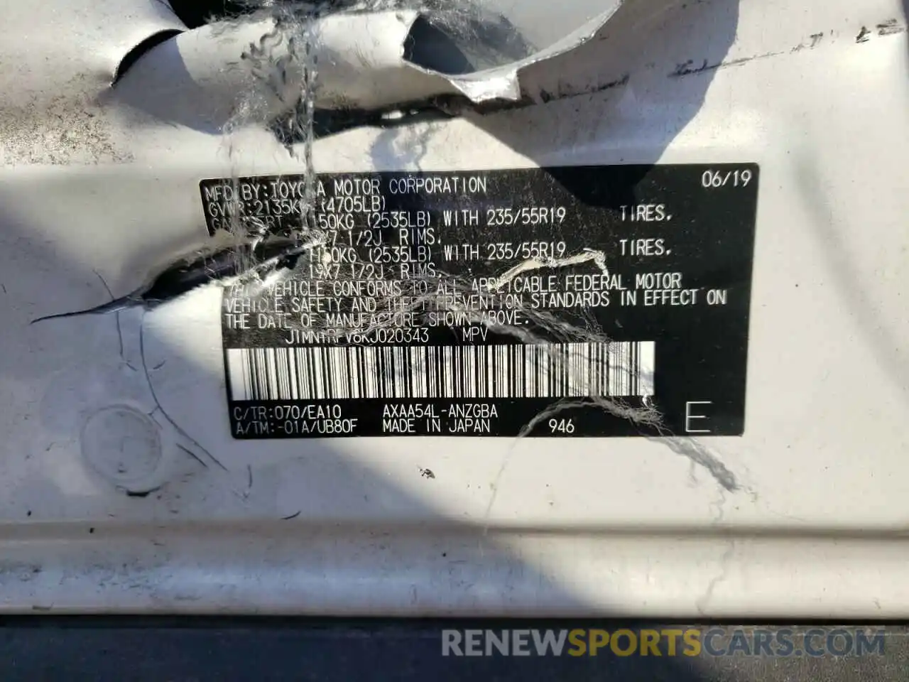 10 Photograph of a damaged car JTMN1RFV8KJ020343 TOYOTA RAV4 2019