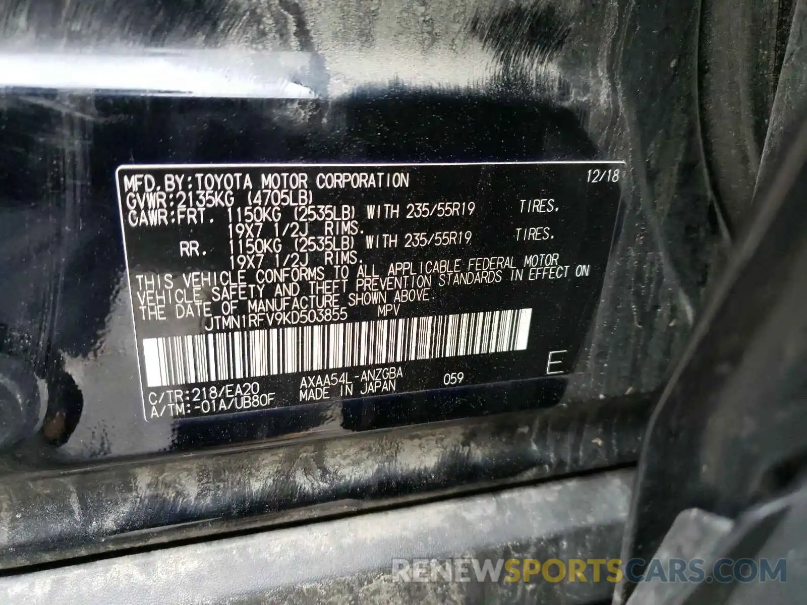 10 Photograph of a damaged car JTMN1RFV9KD503855 TOYOTA RAV4 2019