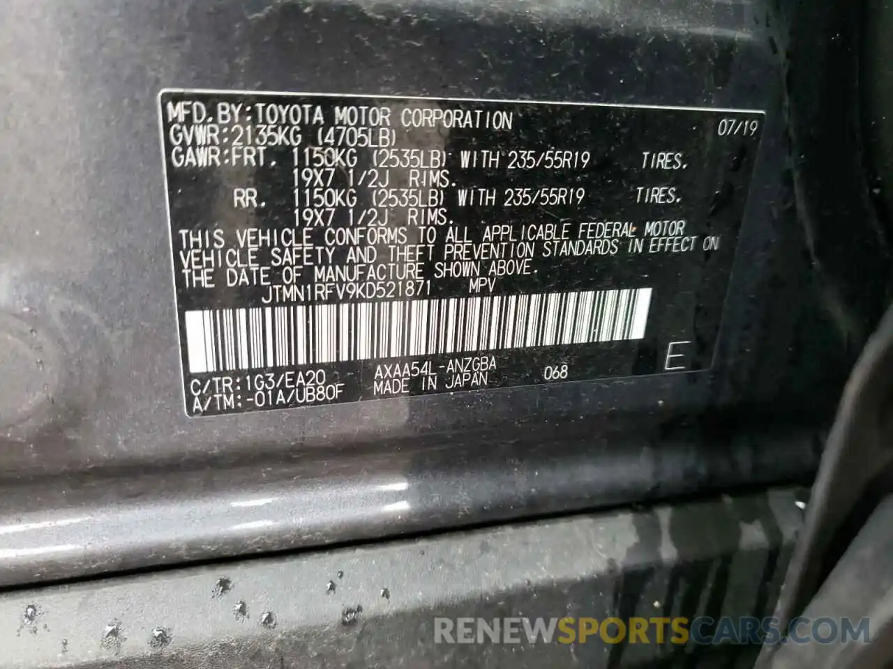 10 Photograph of a damaged car JTMN1RFV9KD521871 TOYOTA RAV4 2019