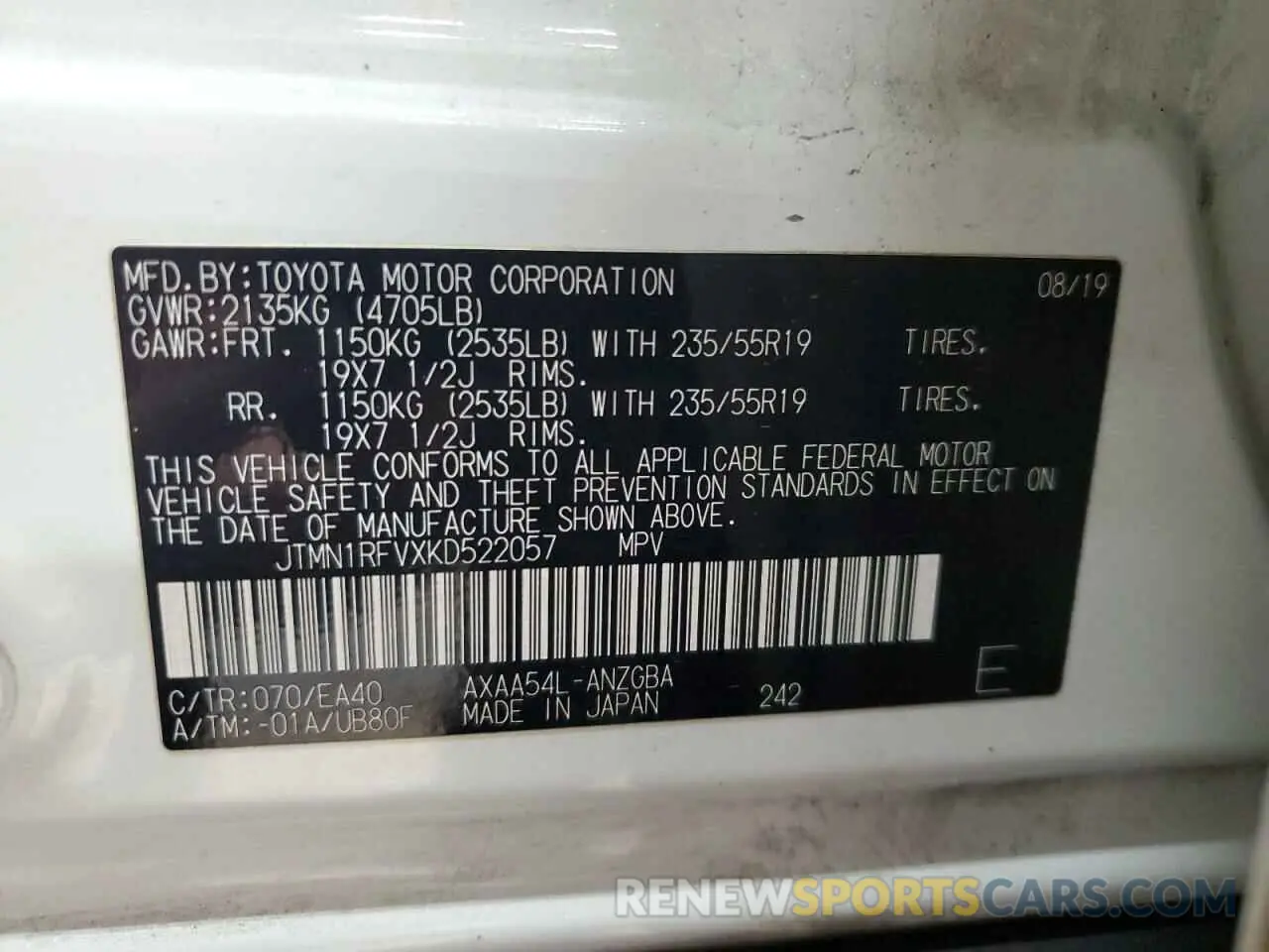 13 Photograph of a damaged car JTMN1RFVXKD522057 TOYOTA RAV4 2019
