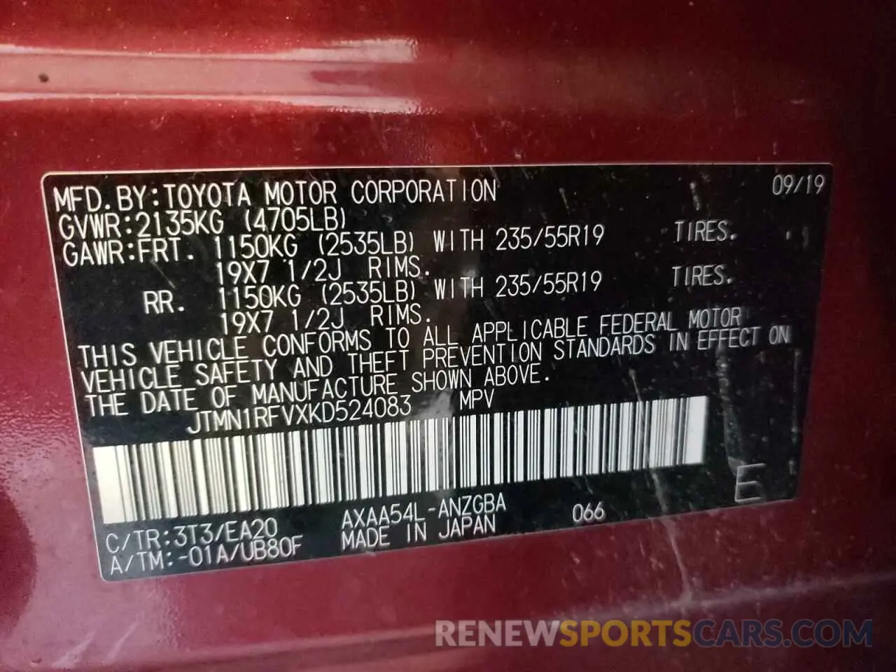 13 Photograph of a damaged car JTMN1RFVXKD524083 TOYOTA RAV4 2019