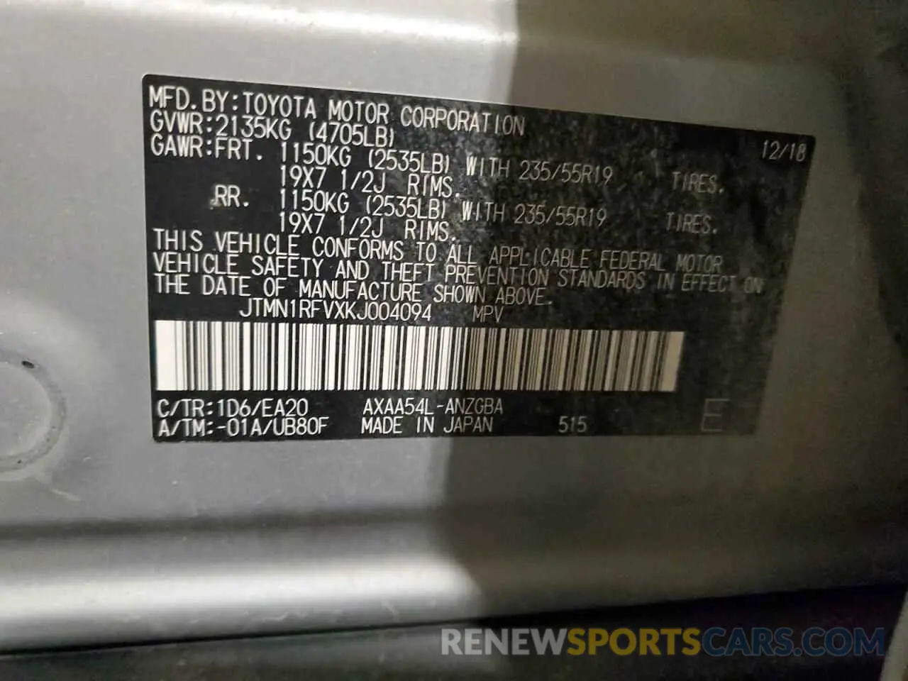 15 Photograph of a damaged car JTMN1RFVXKJ004094 TOYOTA RAV4 2019
