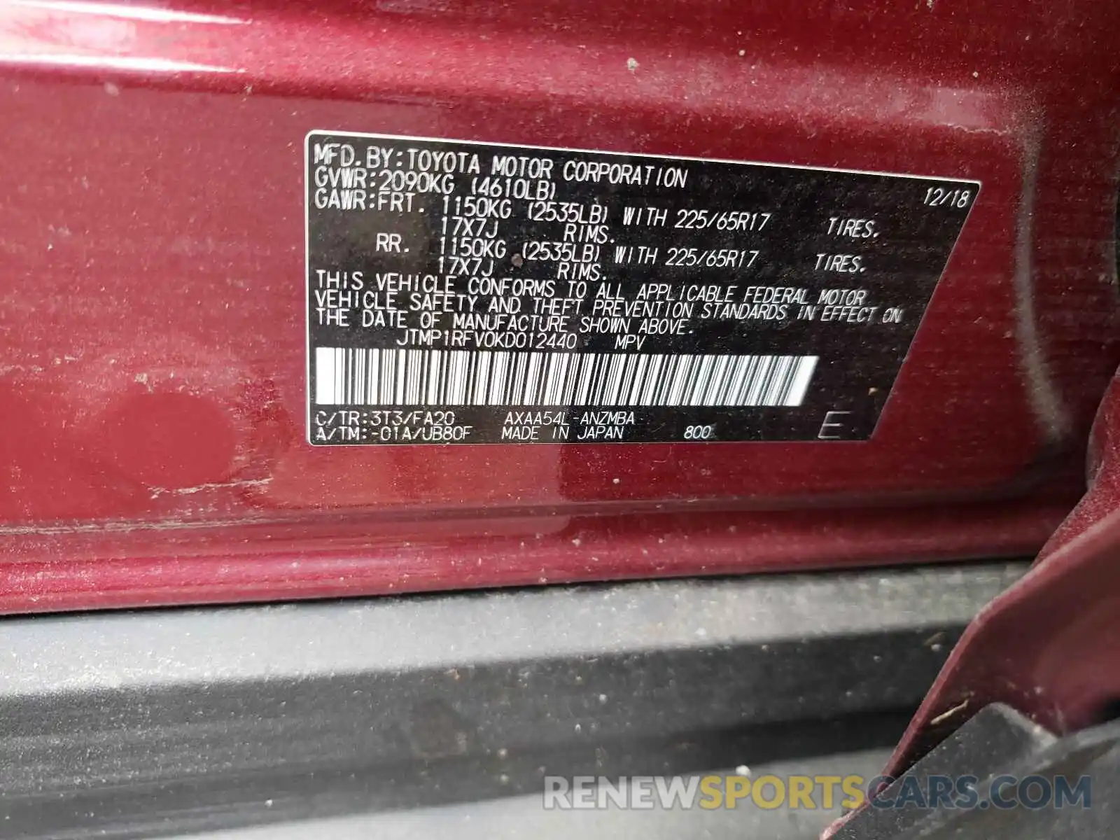 10 Photograph of a damaged car JTMP1RFV0KD012440 TOYOTA RAV4 2019