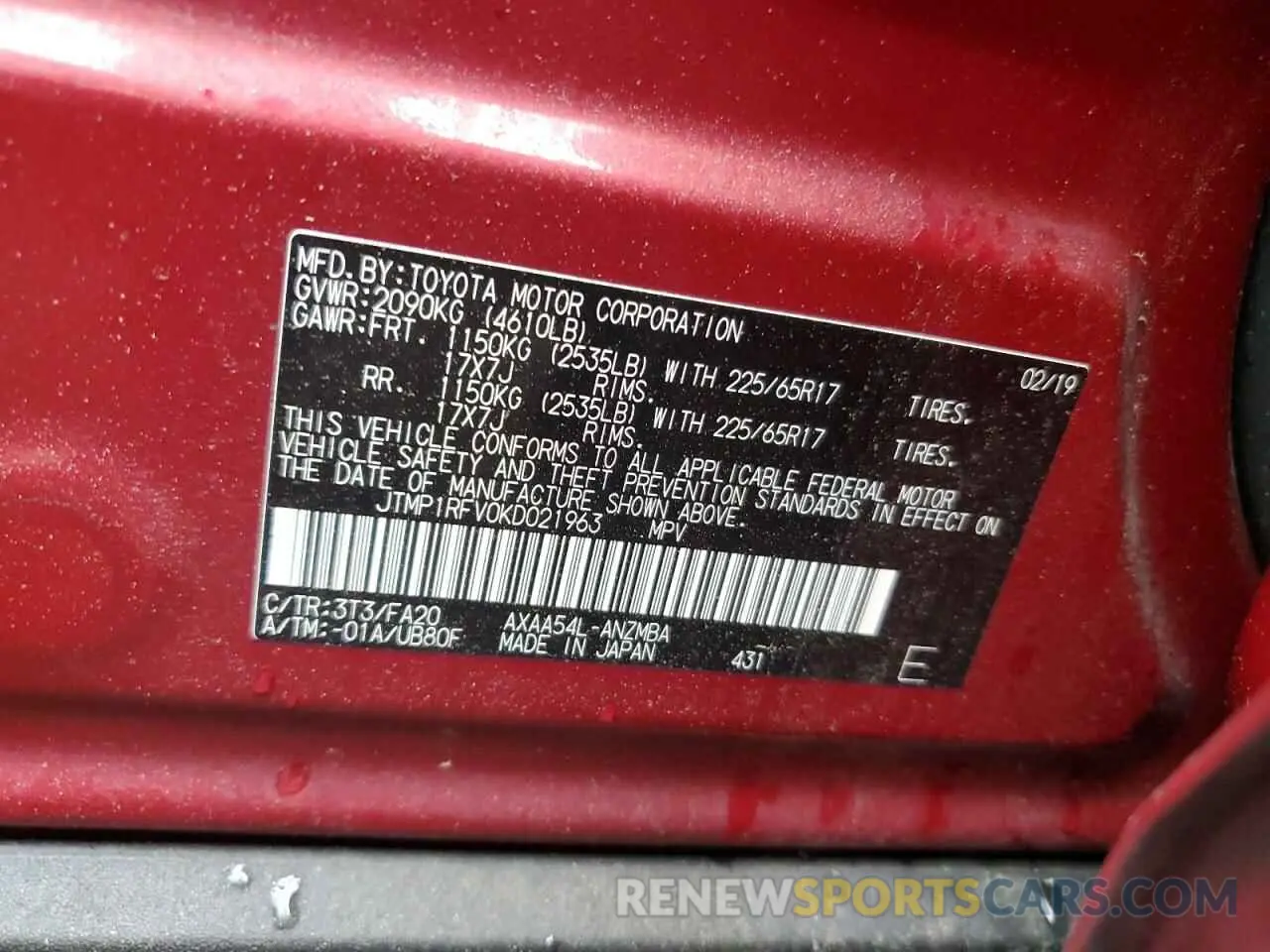 12 Photograph of a damaged car JTMP1RFV0KD021963 TOYOTA RAV4 2019