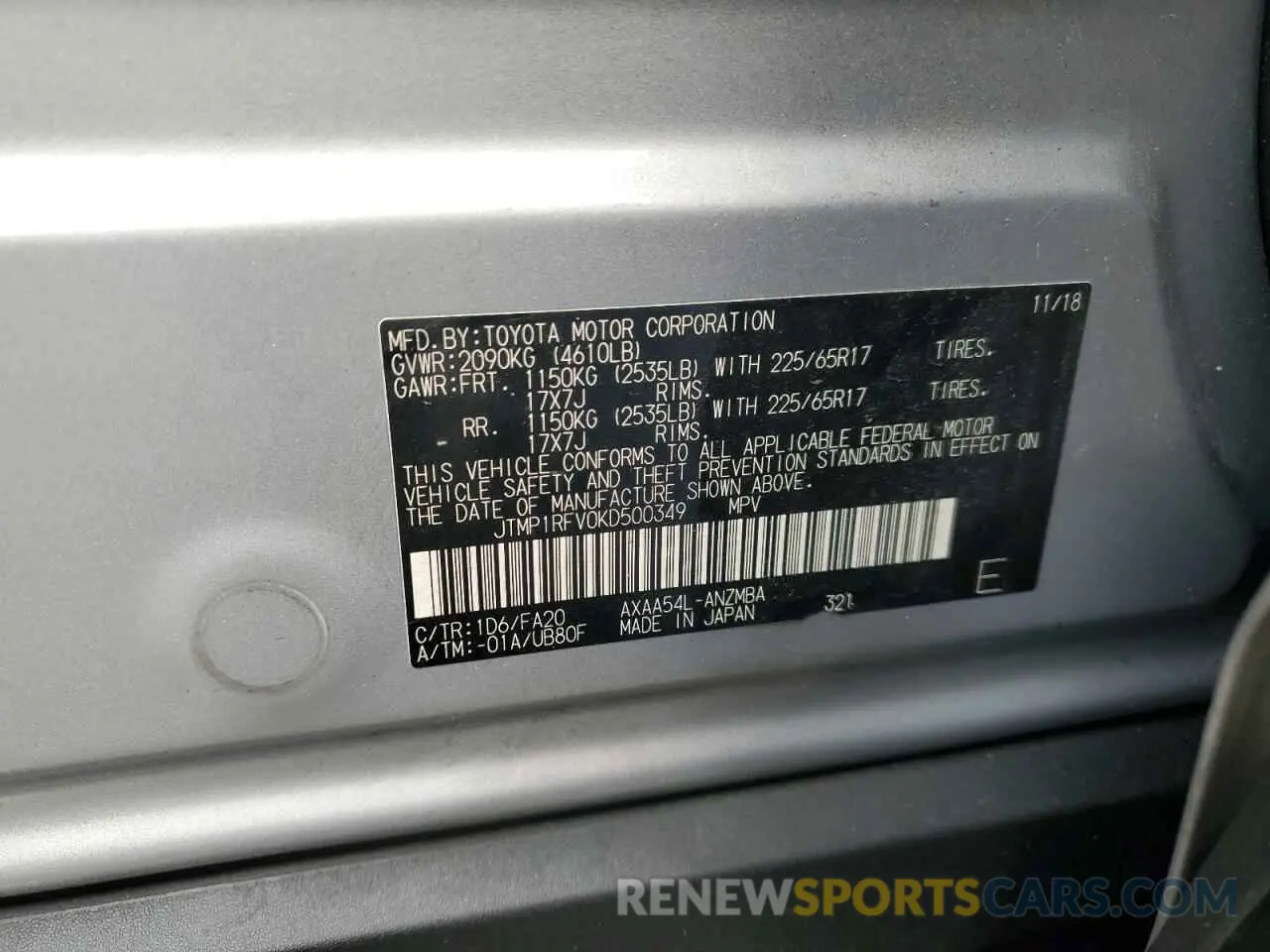 13 Photograph of a damaged car JTMP1RFV0KD500349 TOYOTA RAV4 2019