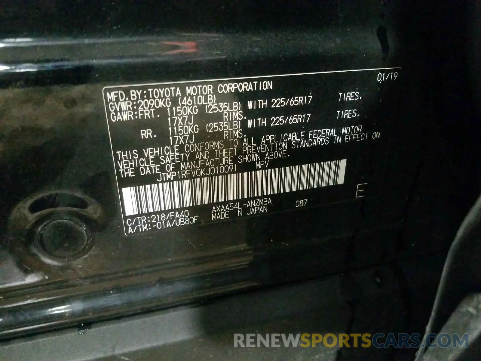 10 Photograph of a damaged car JTMP1RFV0KJ010091 TOYOTA RAV4 2019