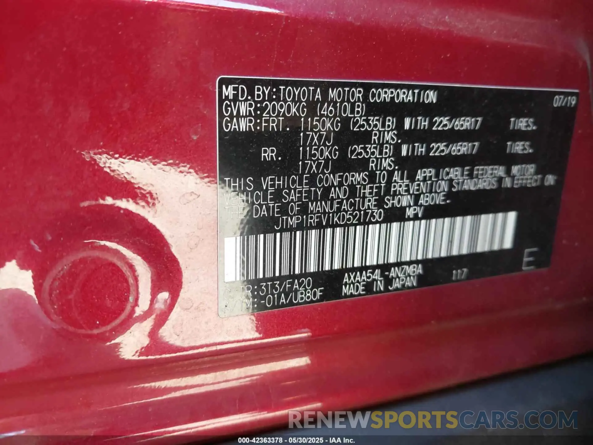 9 Photograph of a damaged car JTMP1RFV1KD521730 TOYOTA RAV4 2019