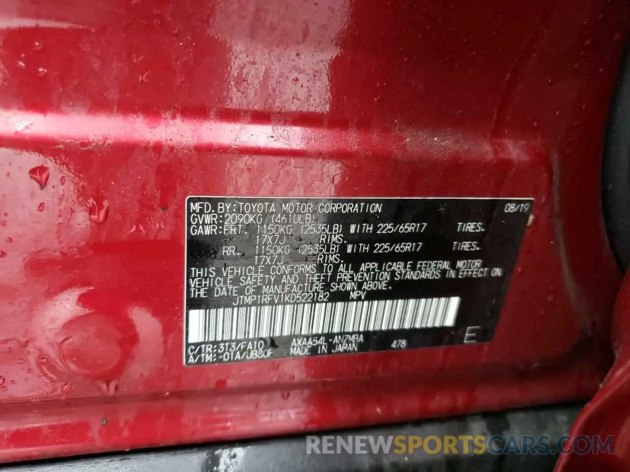 13 Photograph of a damaged car JTMP1RFV1KD522182 TOYOTA RAV4 2019
