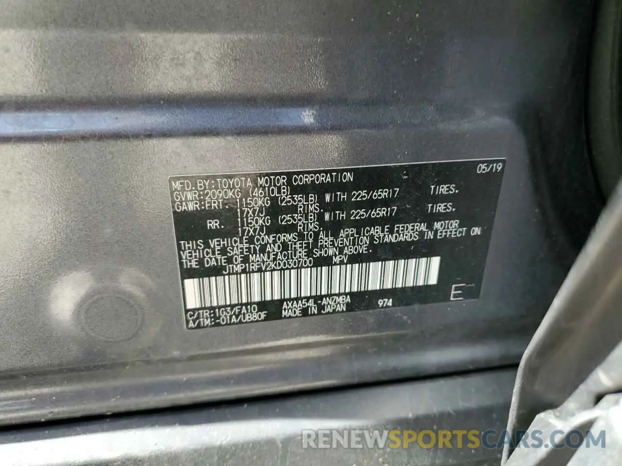 13 Photograph of a damaged car JTMP1RFV2KD030700 TOYOTA RAV4 2019