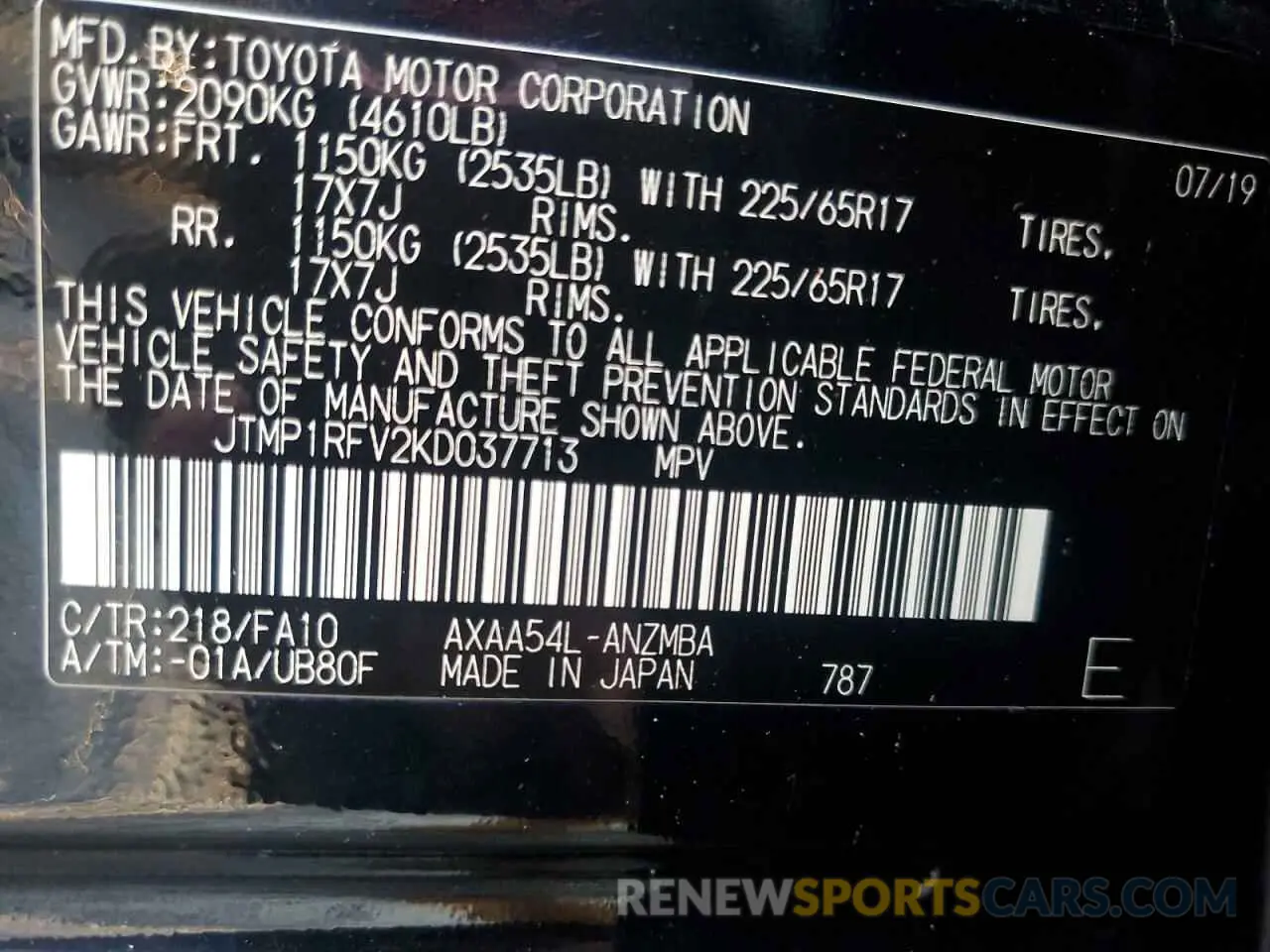 13 Photograph of a damaged car JTMP1RFV2KD037713 TOYOTA RAV4 2019