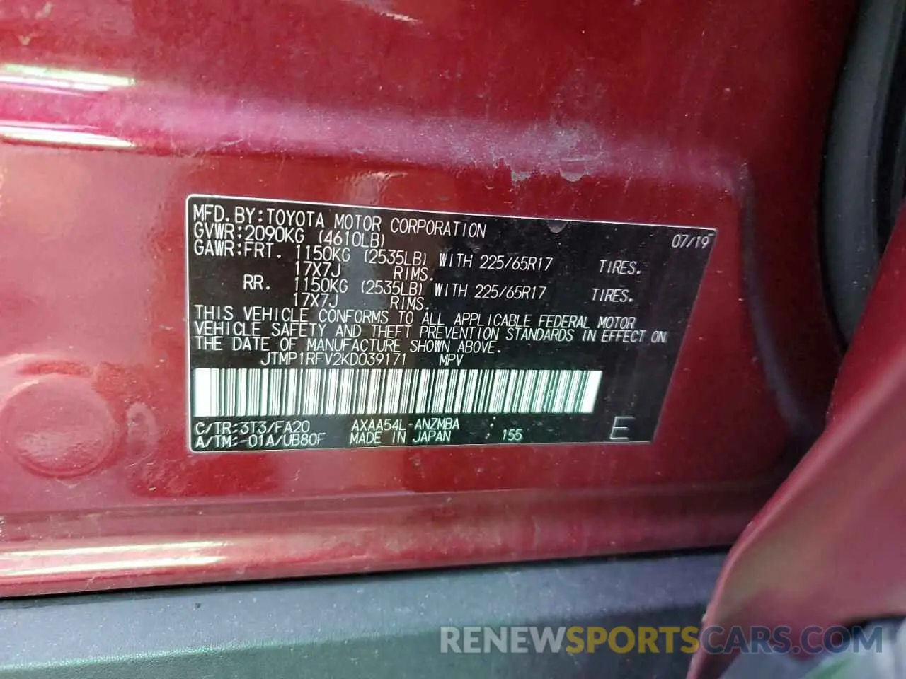 13 Photograph of a damaged car JTMP1RFV2KD039171 TOYOTA RAV4 2019