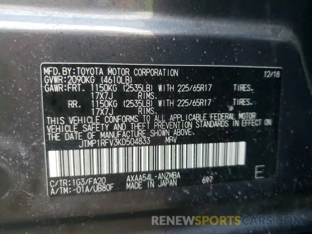 10 Photograph of a damaged car JTMP1RFV3KD504833 TOYOTA RAV4 2019