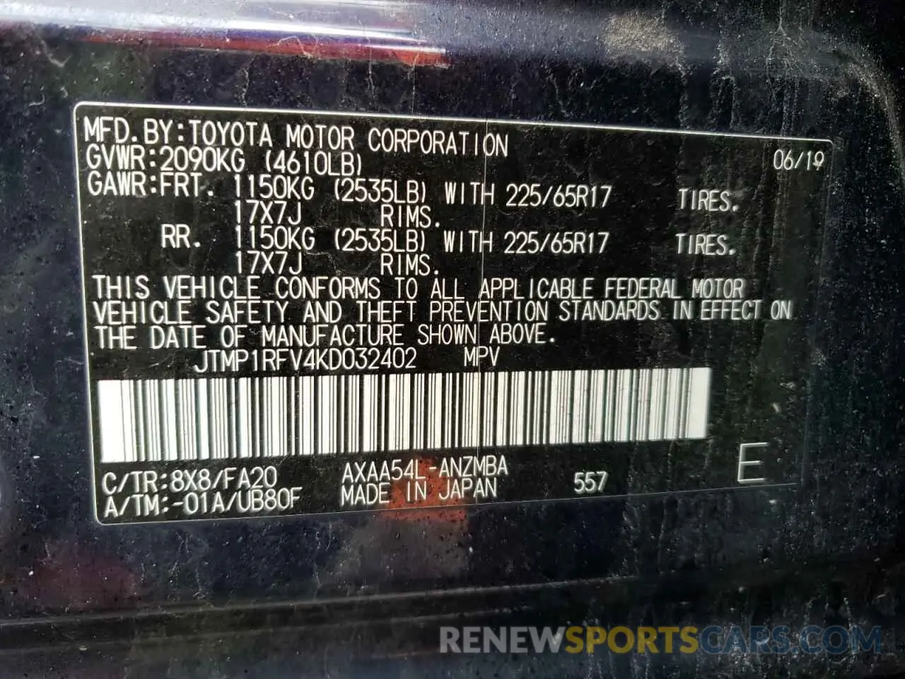 13 Photograph of a damaged car JTMP1RFV4KD032402 TOYOTA RAV4 2019