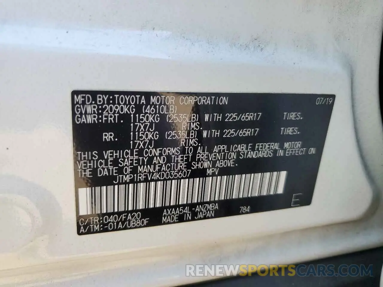 13 Photograph of a damaged car JTMP1RFV4KD035607 TOYOTA RAV4 2019
