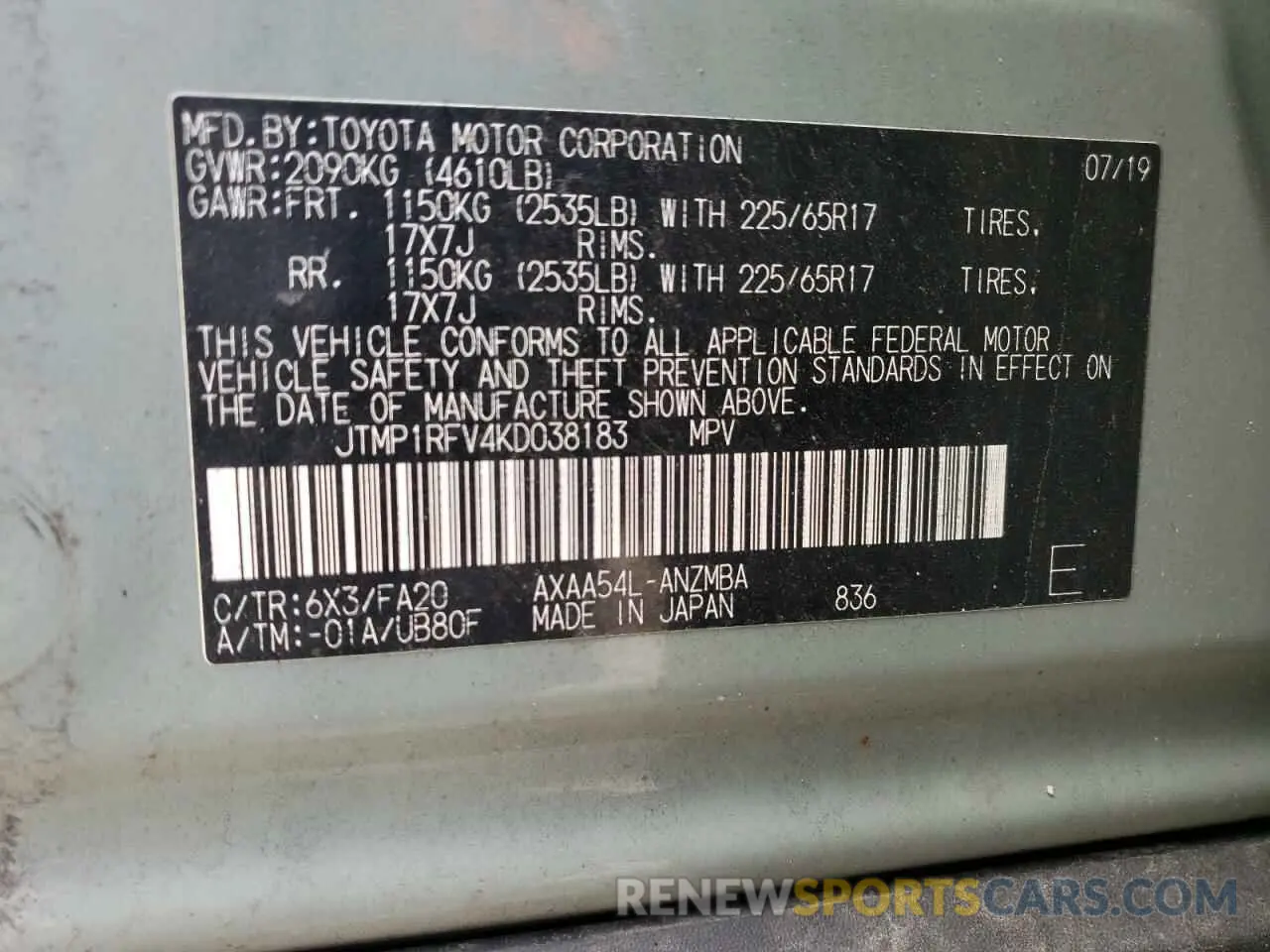 13 Photograph of a damaged car JTMP1RFV4KD038183 TOYOTA RAV4 2019