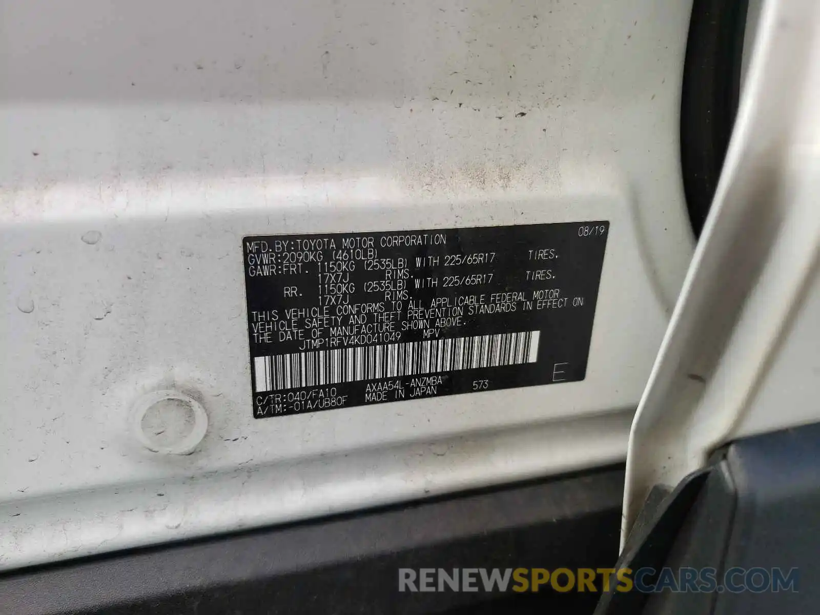 10 Photograph of a damaged car JTMP1RFV4KD041049 TOYOTA RAV4 2019