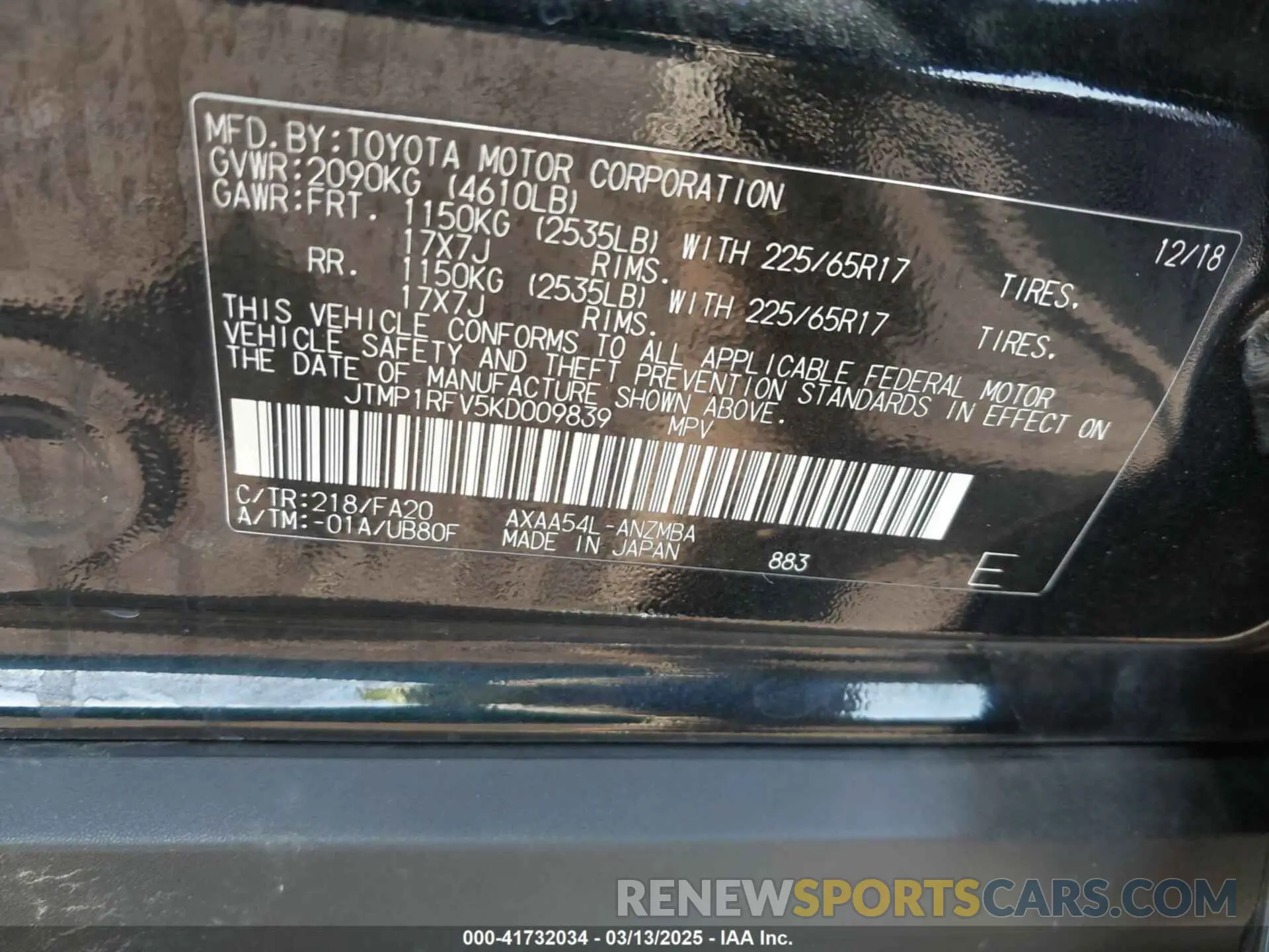 9 Photograph of a damaged car JTMP1RFV5KD009839 TOYOTA RAV4 2019