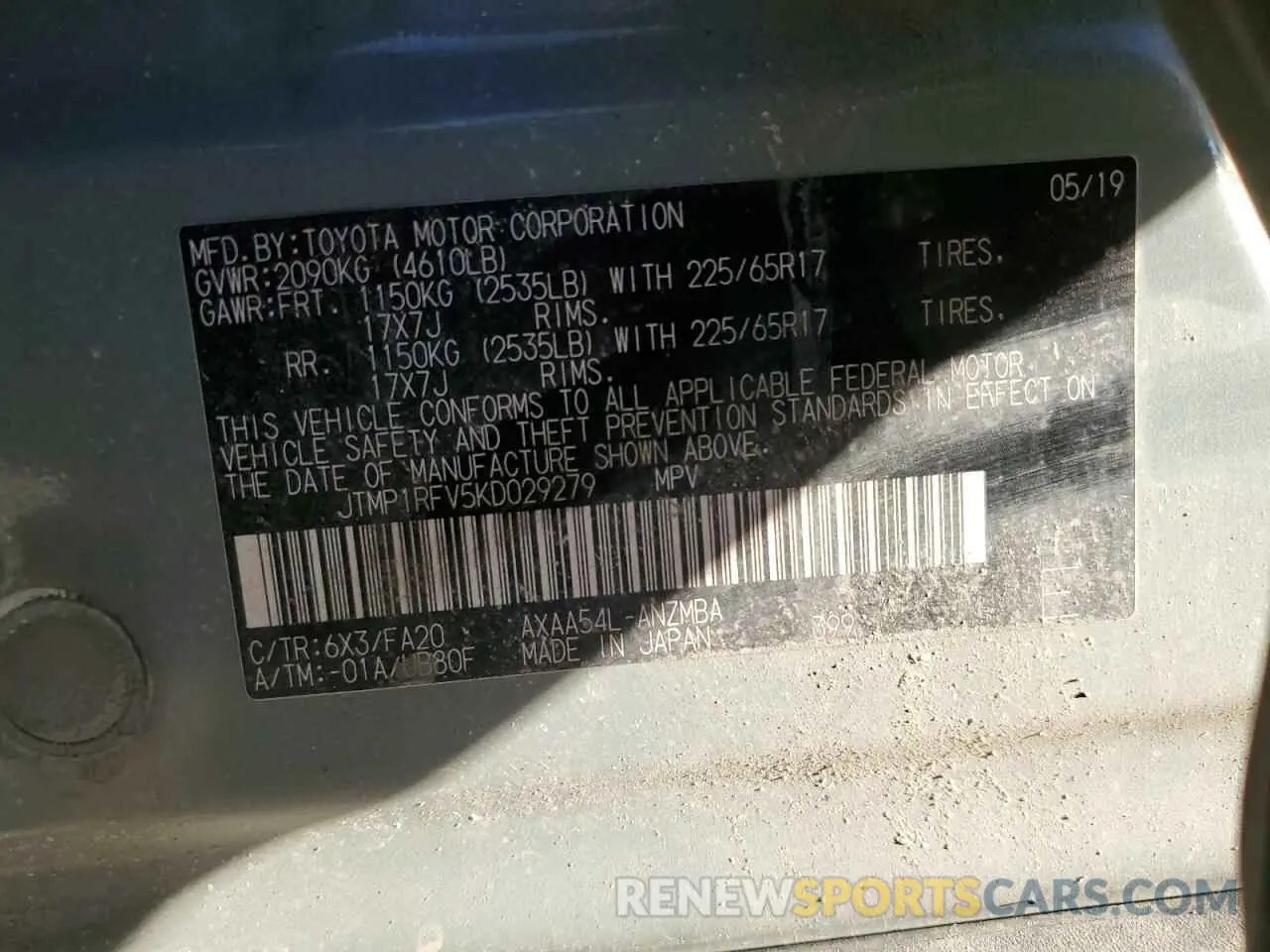 13 Photograph of a damaged car JTMP1RFV5KD029279 TOYOTA RAV4 2019