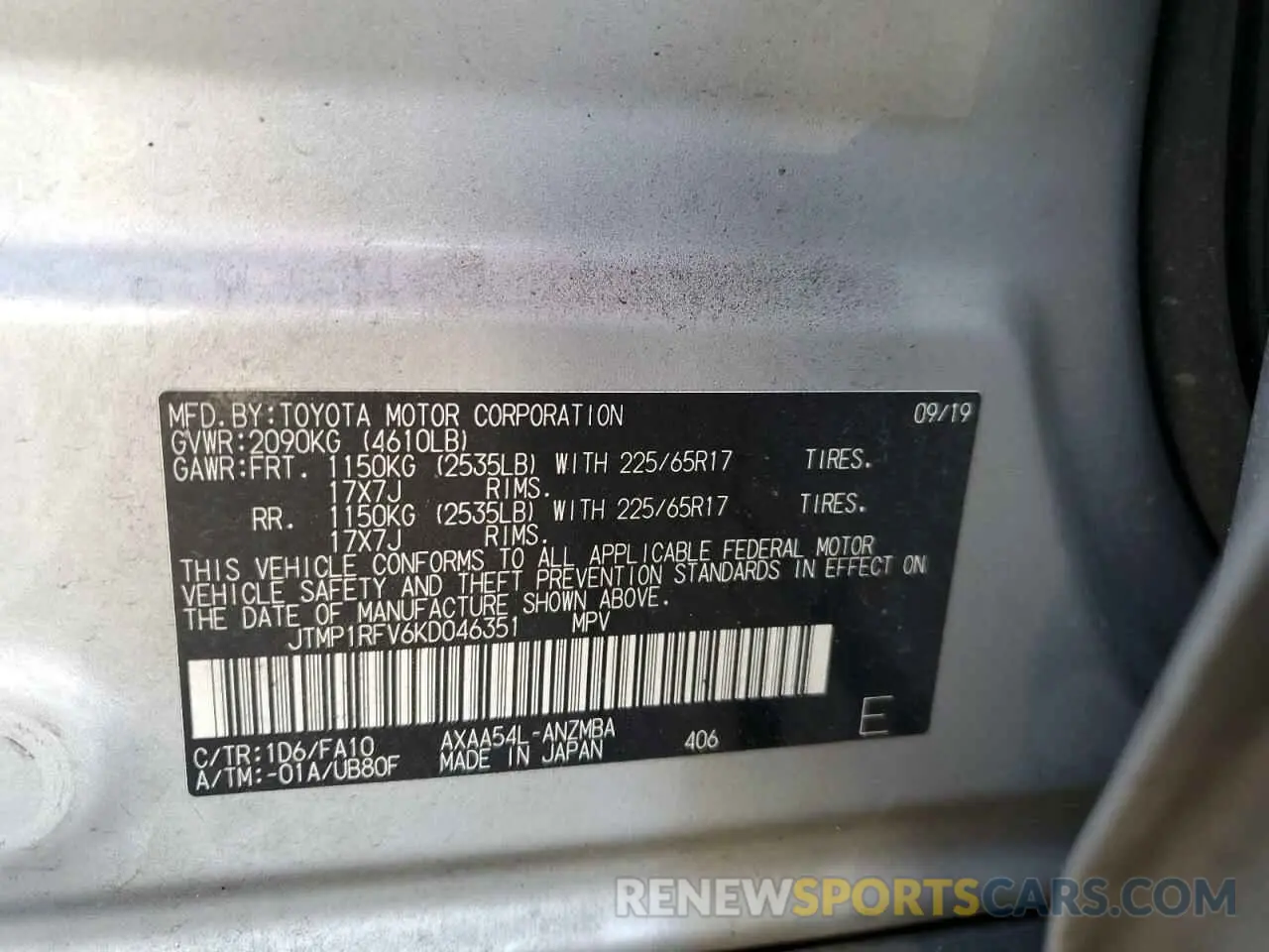 13 Photograph of a damaged car JTMP1RFV6KD046351 TOYOTA RAV4 2019
