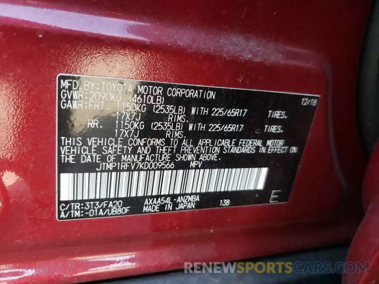 10 Photograph of a damaged car JTMP1RFV7KD009566 TOYOTA RAV4 2019