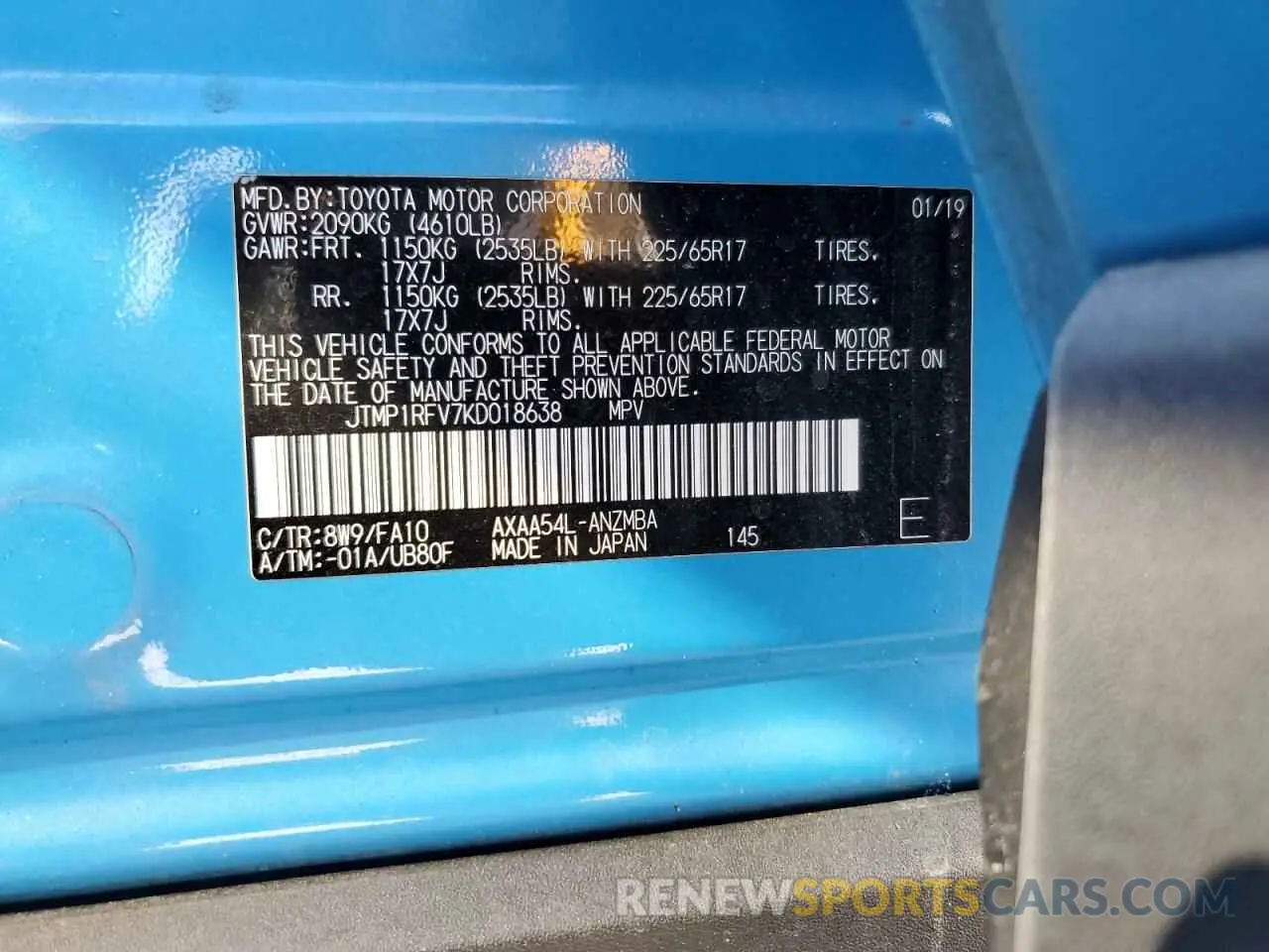 13 Photograph of a damaged car JTMP1RFV7KD018638 TOYOTA RAV4 2019