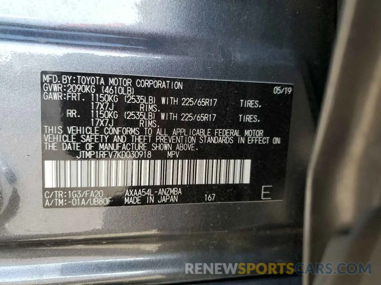 10 Photograph of a damaged car JTMP1RFV7KD030918 TOYOTA RAV4 2019