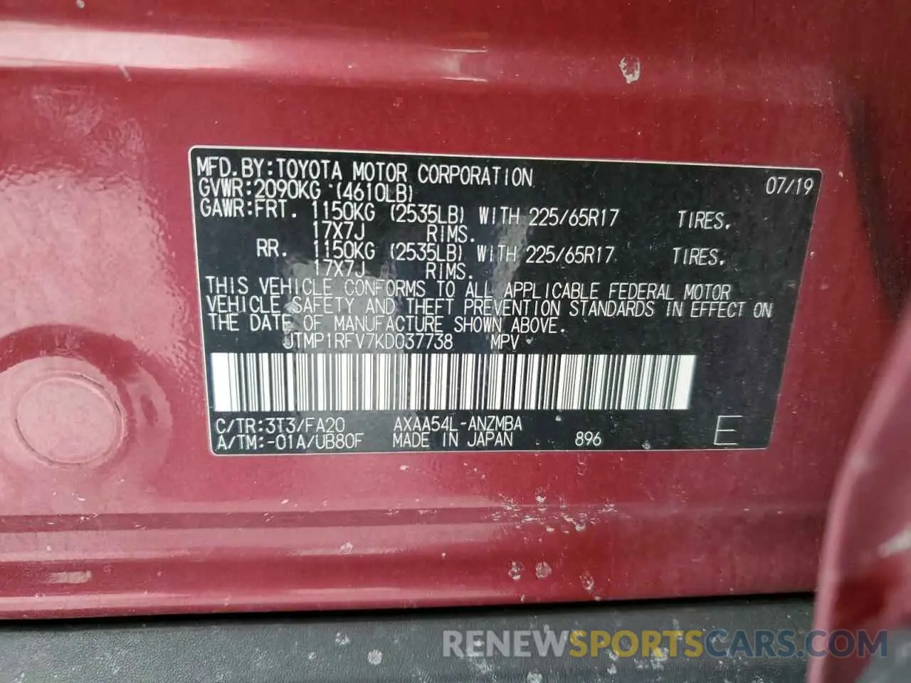 13 Photograph of a damaged car JTMP1RFV7KD037738 TOYOTA RAV4 2019