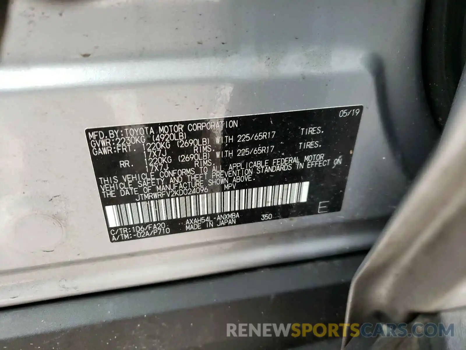 10 Photograph of a damaged car JTMRWRFV2KD024096 TOYOTA RAV4 2019