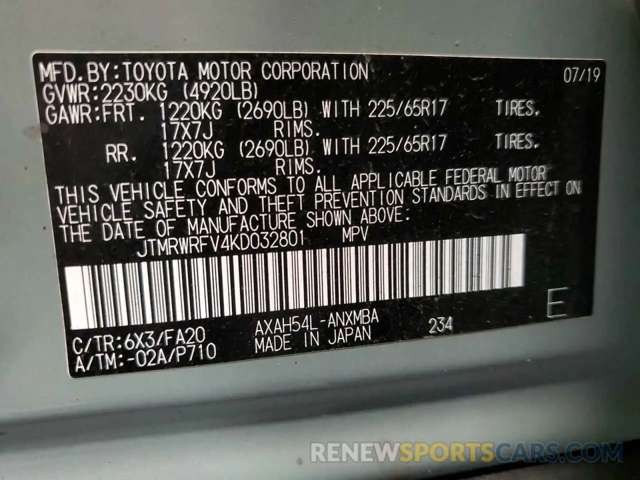 13 Photograph of a damaged car JTMRWRFV4KD032801 TOYOTA RAV4 2019