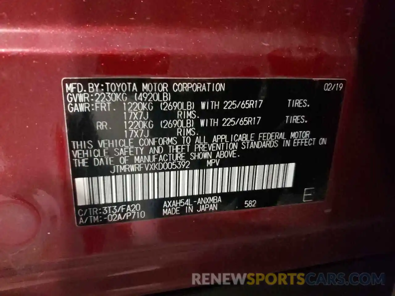 10 Photograph of a damaged car JTMRWRFVXKD005392 TOYOTA RAV4 2019