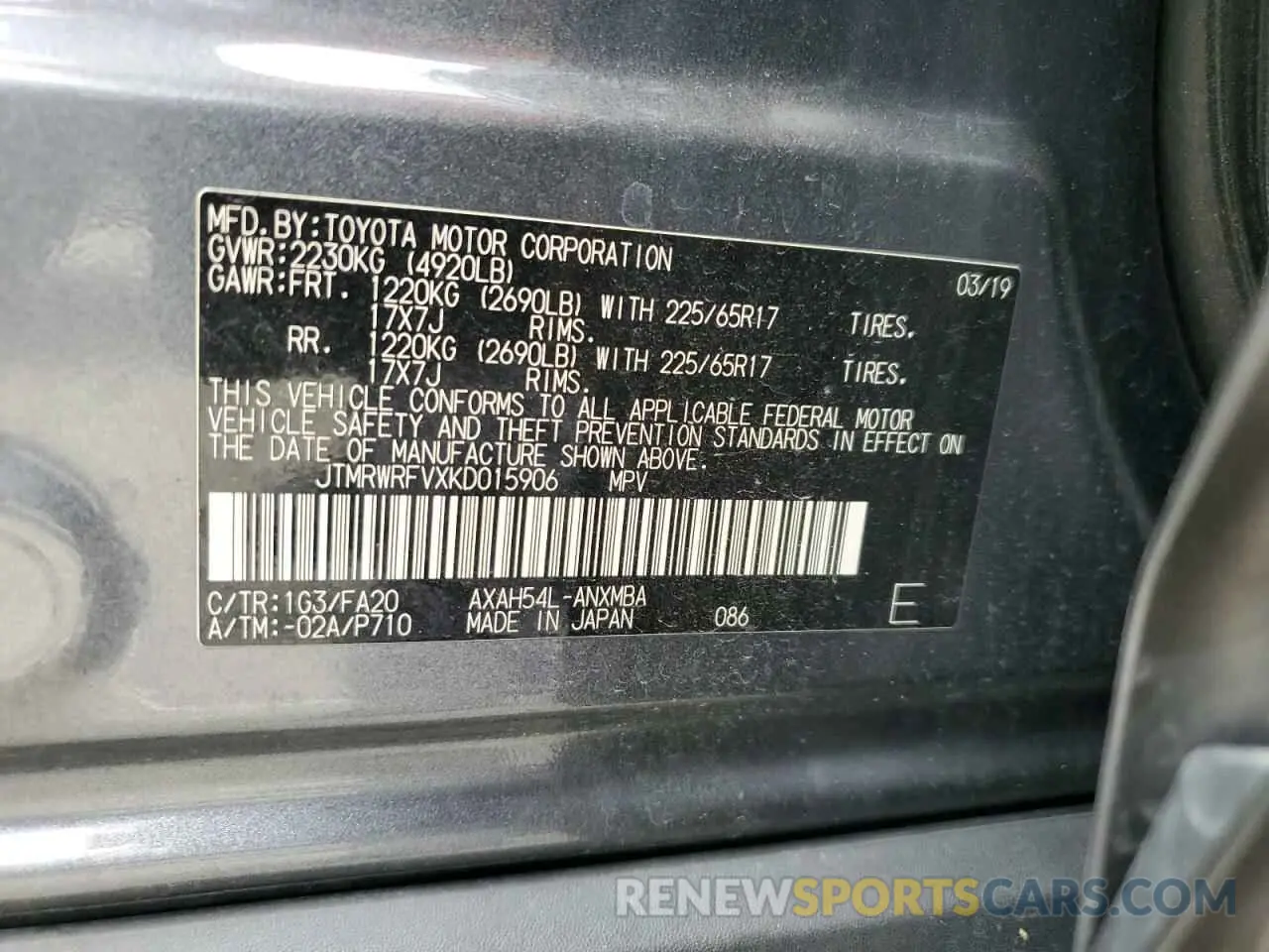 13 Photograph of a damaged car JTMRWRFVXKD015906 TOYOTA RAV4 2019
