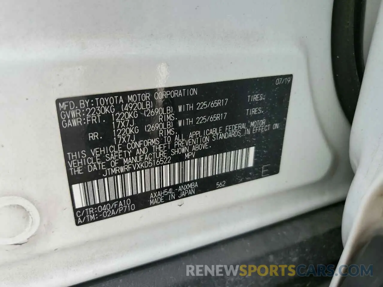 13 Photograph of a damaged car JTMRWRFVXKD516522 TOYOTA RAV4 2019