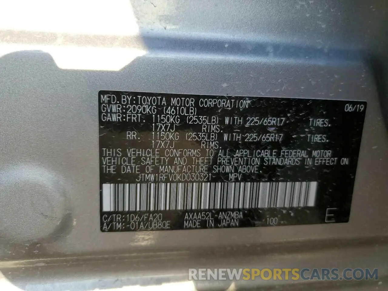 14 Photograph of a damaged car JTMW1RFV0KD030321 TOYOTA RAV4 2019
