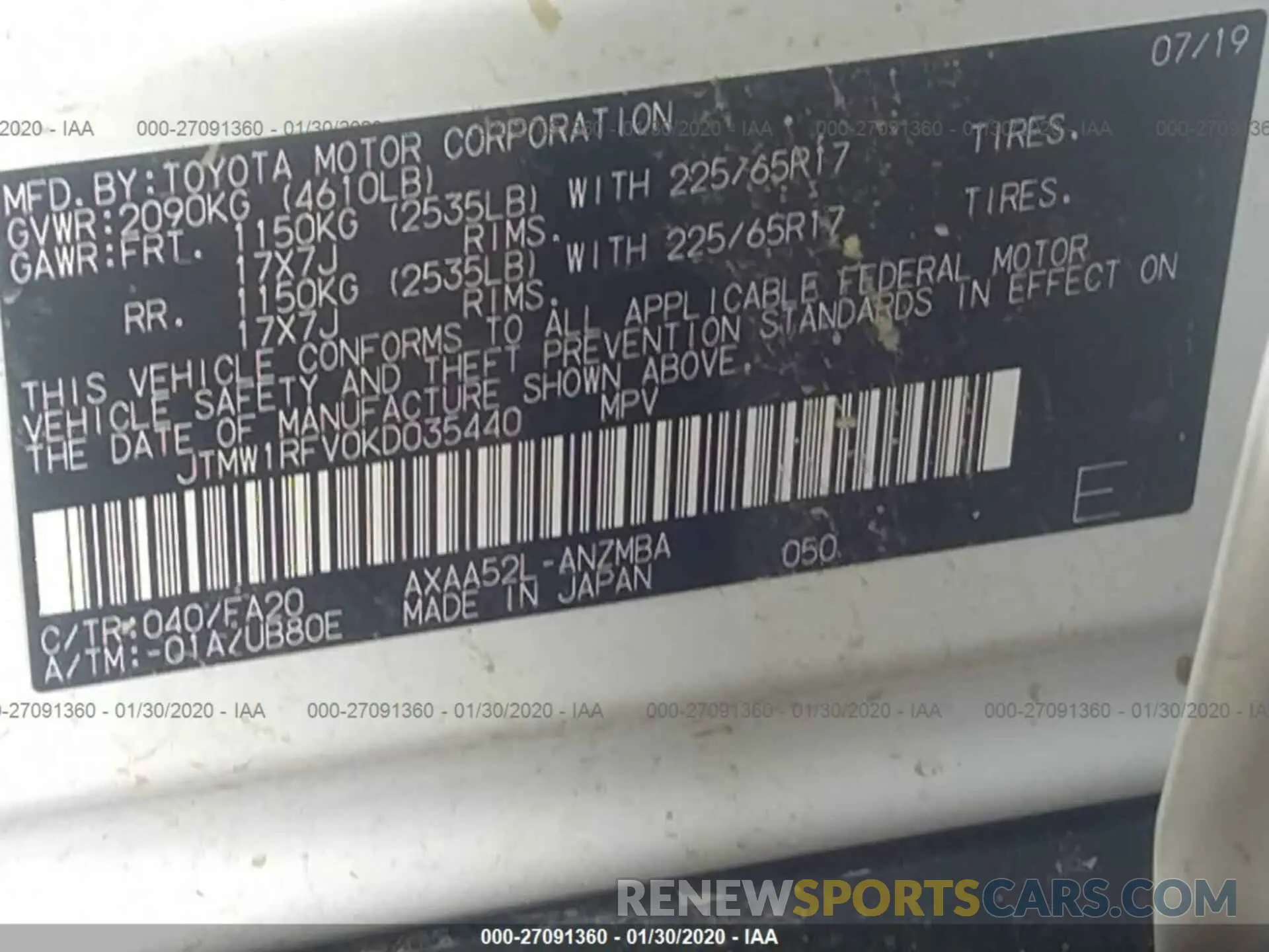 9 Photograph of a damaged car JTMW1RFV0KD035440 TOYOTA RAV4 2019