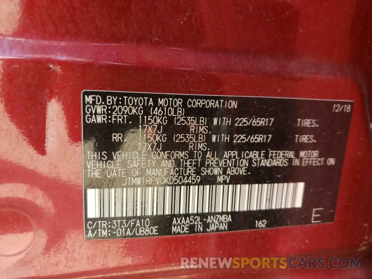 12 Photograph of a damaged car JTMW1RFV0KD504459 TOYOTA RAV4 2019
