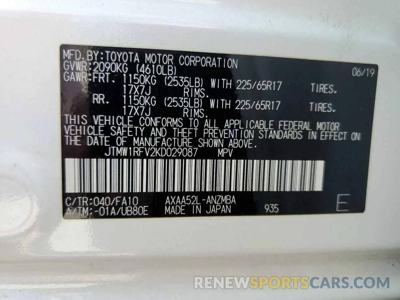 12 Photograph of a damaged car JTMW1RFV2KD029087 TOYOTA RAV4 2019