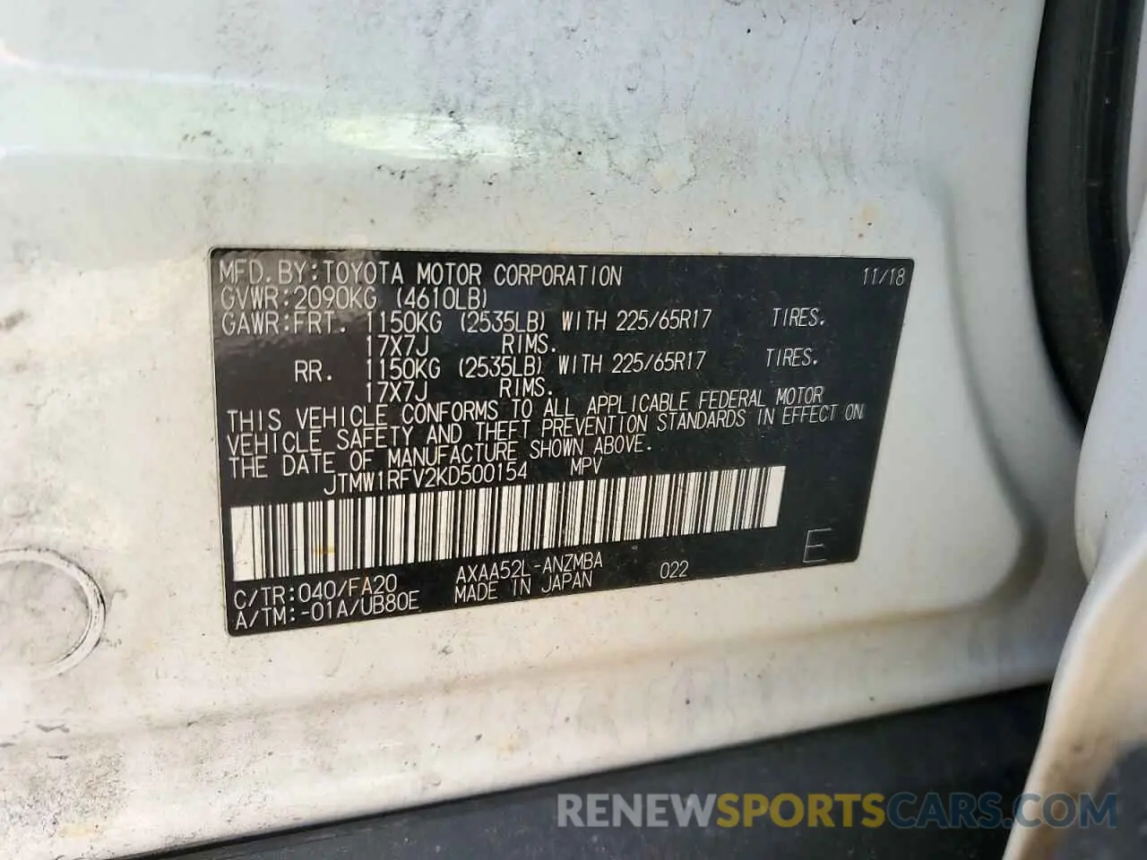 12 Photograph of a damaged car JTMW1RFV2KD500154 TOYOTA RAV4 2019