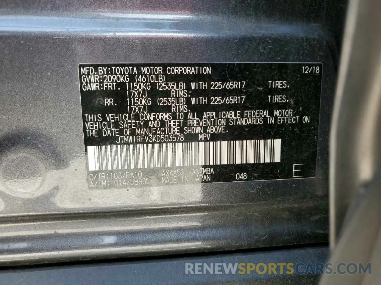 13 Photograph of a damaged car JTMW1RFV3KD503578 TOYOTA RAV4 2019
